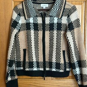 Evereve Checkered Zip-Front Cardigan/sweater jacket in Black, Beige & Cream